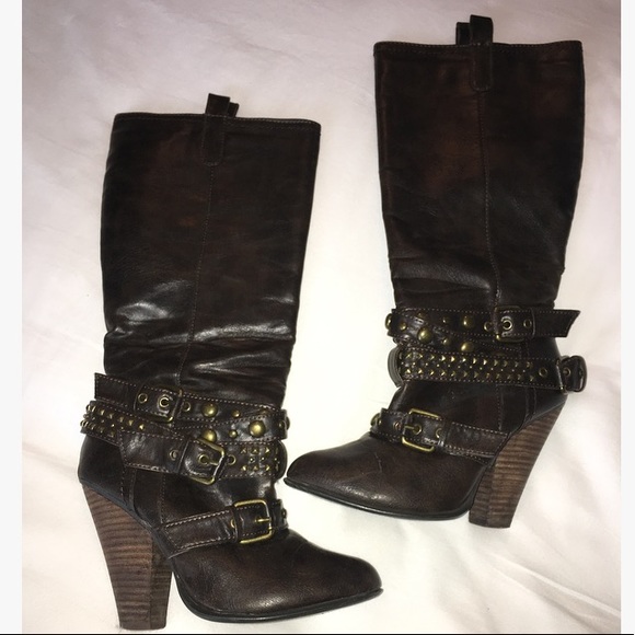 Brown Leather Studded Heeled Boots - Picture 2 of 6
